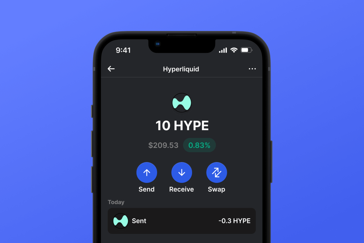 Illustration of a self-custody crypto wallet app showing an account balance, send and receive buttons and a connected dApp